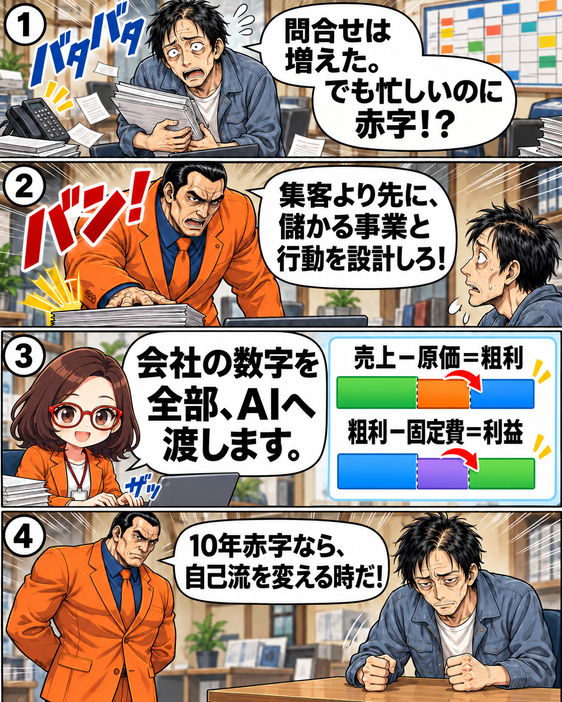 漫画5ページ。問い合わせが増えても赤字の会社を、売上から原価、粗利から固定費を差し引く図で点検する