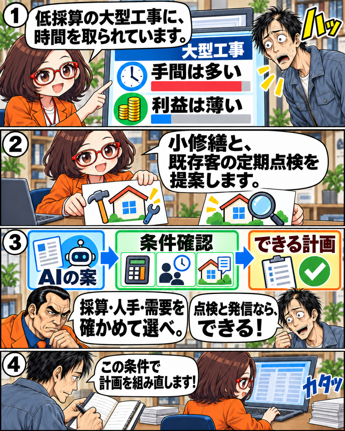 漫画6ページ。AIの改善案を採算・人手・需要で確かめ、小修繕と既存客の点検を実行できる計画へ絞る