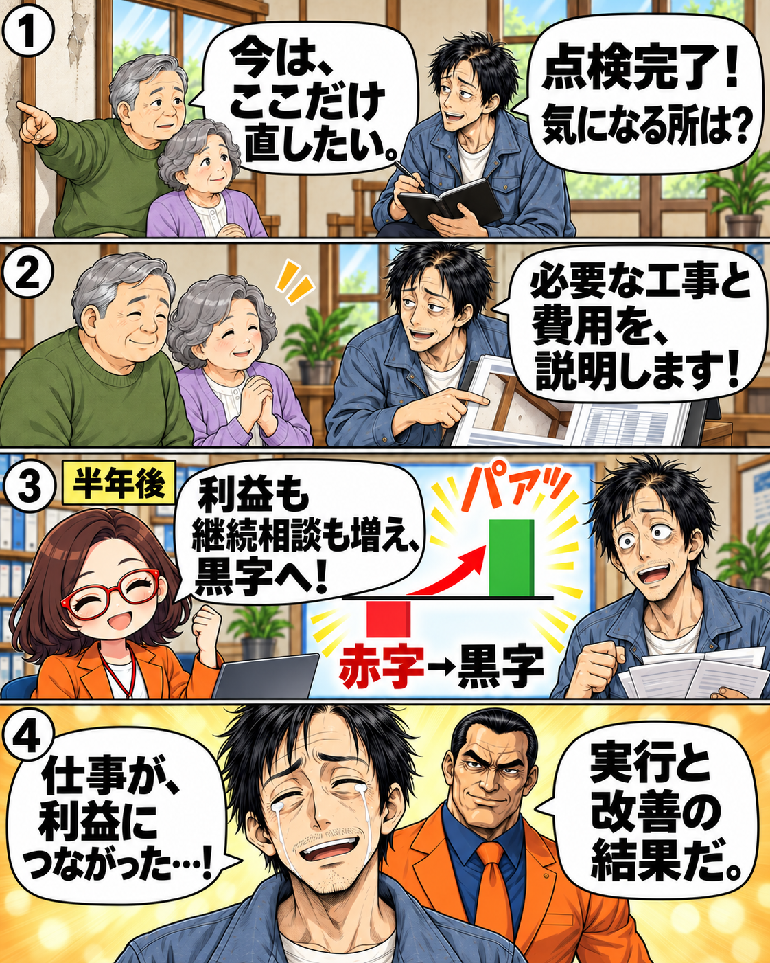 漫画8ページ。社長が顧客へ必要な工事と費用を説明し、半年後に黒字へ転じる架空の経営改善