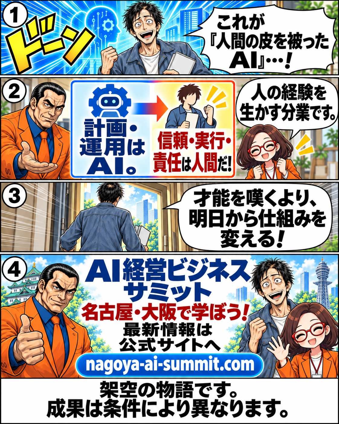 漫画9ページ。計画と運用はAI、信頼・実行・責任は人間という図解と名古屋・大阪のAI経営ビジネスサミット案内